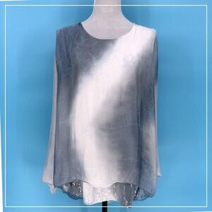 Belle France Made in Italy Silk Ombre Sequin Lace Back Tunic Top Blue Size Small